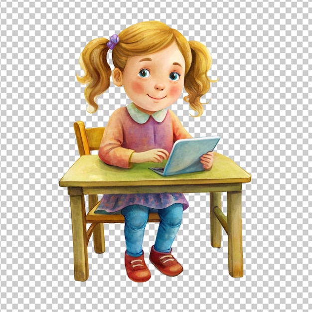 PSD psd małej dziewczynki z tabletem przy stole na przezroczystym tle
