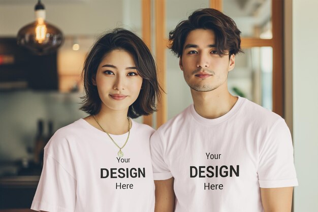 PSD psdの男性と女性が白いtシャツを着ているモックアップ