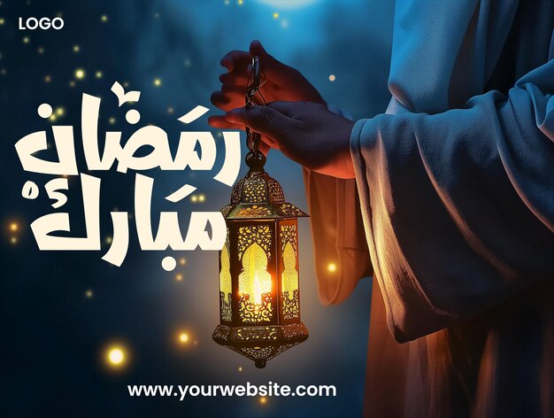 PSD 한 남자가 라마단 무바라크 (Ramadan Mubarak) 의 라마단 카림 (Ramadan kareem) 의 단어를 가진 이슬람 등불을 들고 있습니다.