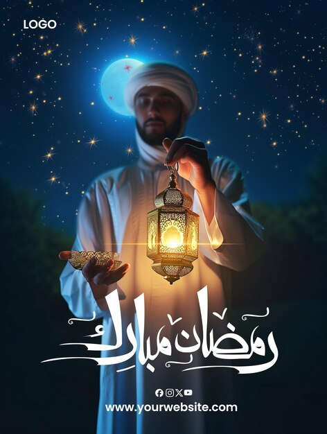 PSD 한 남자가 라마단 무바라크 (Ramadan Mubarak) 의 라마단 카림 (Ramadan kareem) 의 단어를 가진 이슬람 등불을 들고 있습니다.