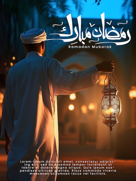 Psd un uomo porta una lanterna islamica con le parole di ramadan mubarak per il ramadan kareem