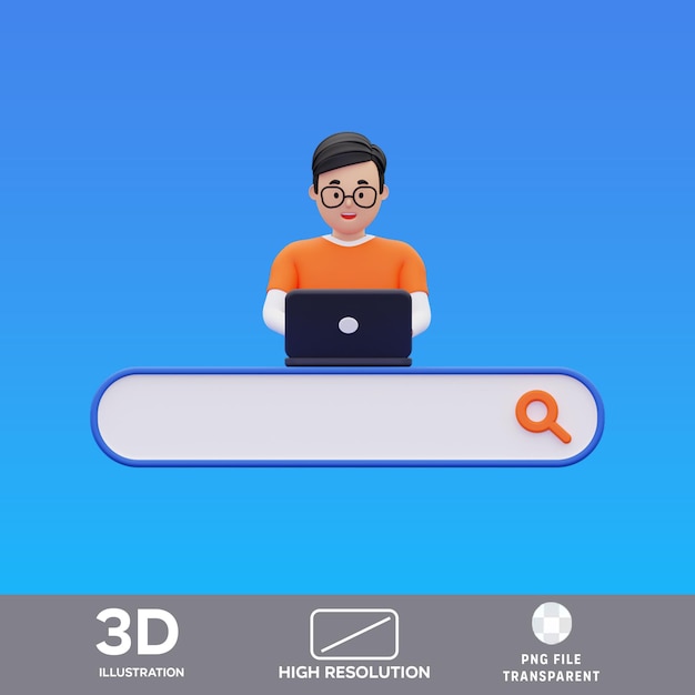 PSD-man die online surft met zoekbalk 3D-illustratie