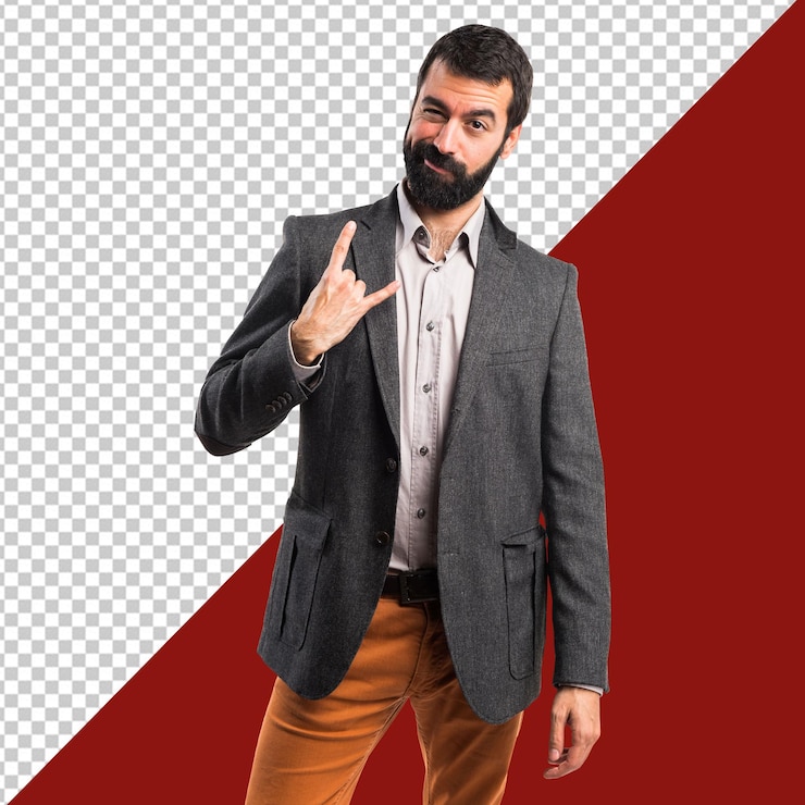 PSD psd man in a grey suit points to the right with transparent background
