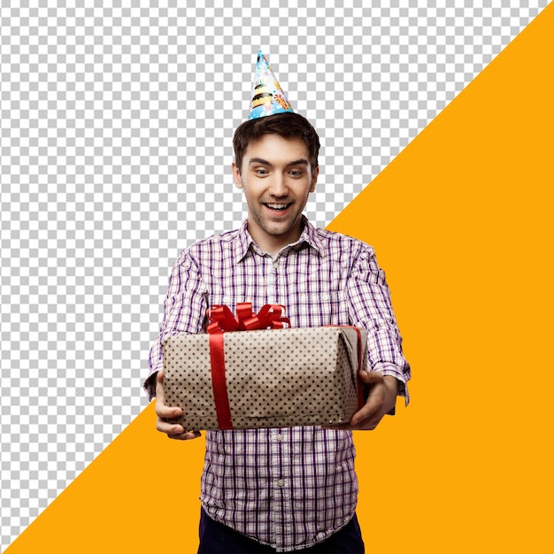 PSD-man met een feesthoed houdt een geschenk vast met een rood lint met een doorzichtige achtergrond