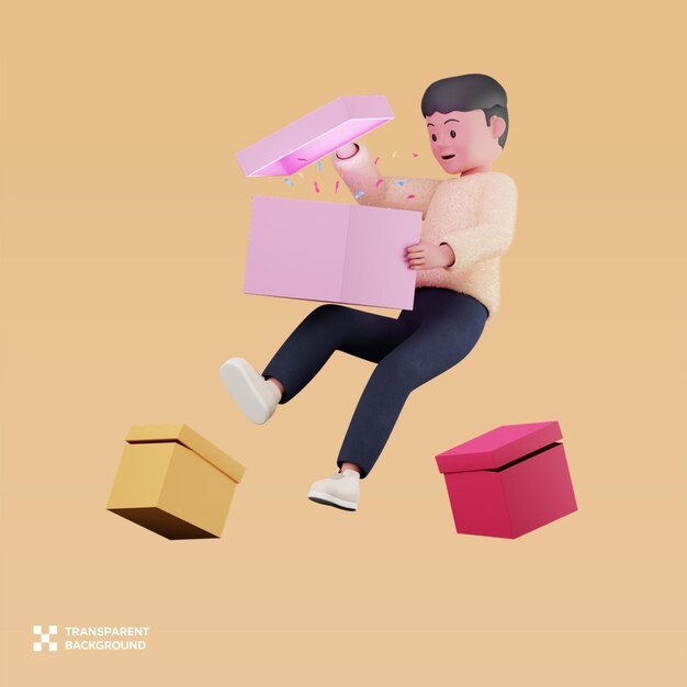 PSD man open gift box 3D Illustration