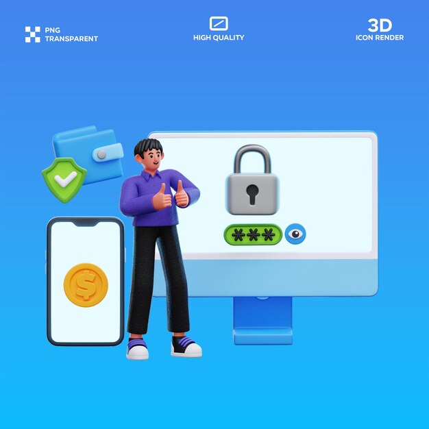 PSD man voelt zich veilig na online beveiliging 3D illustratie