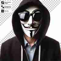 PSD 편집 가능한 마스크 레이어와 함께 투명한 배경에 익명의 마스크를 가진 psd 남자