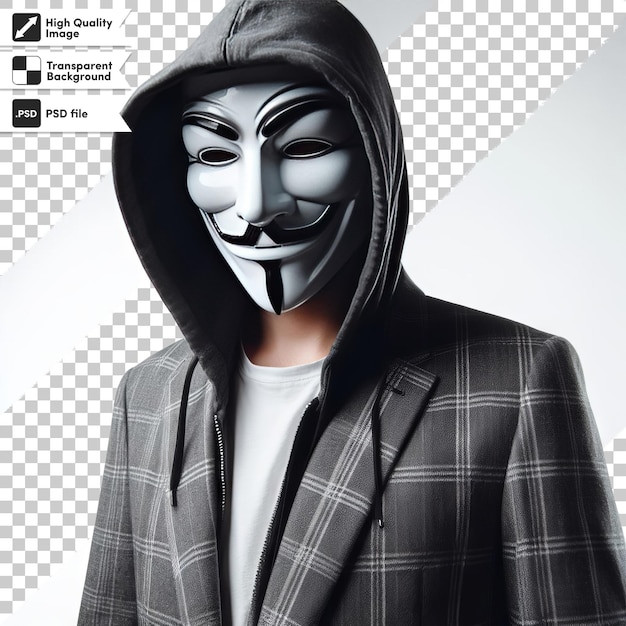 PSD psd man with anonymous mask on transparent background with editable mask layer