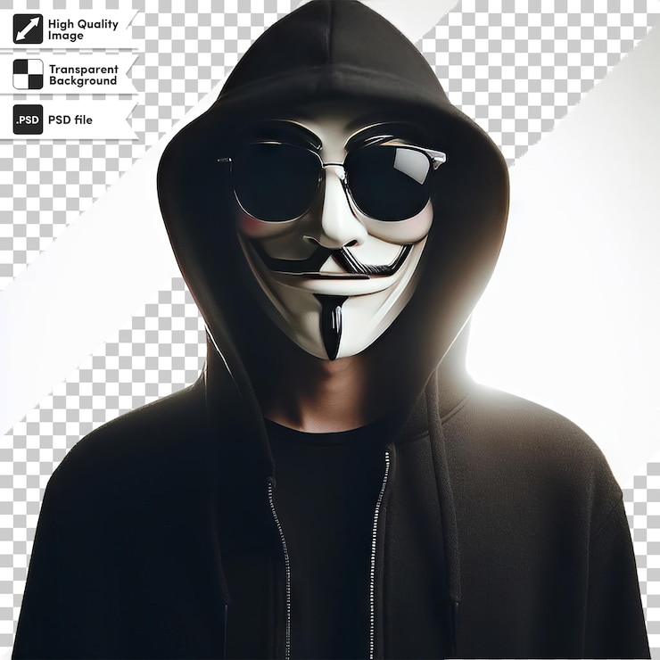 PSD psd man with anonymous mask on transparent background with editable mask layer
