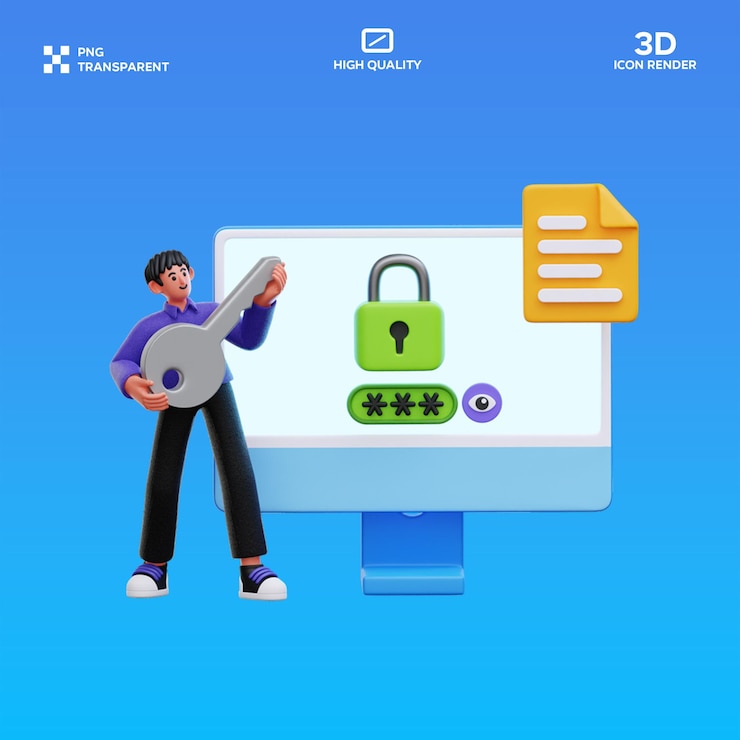 PSD psd man with secure login key 3d illustration