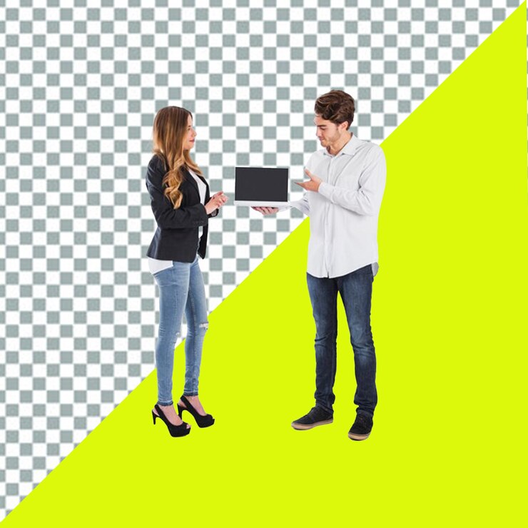 PSD psd a man and a woman are standing in front of a laptop transparent background