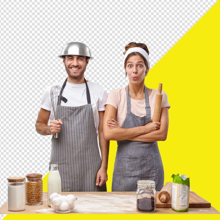 PSD psd a man and a woman in astanding in front of a table with food with transparent background