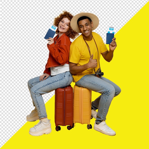 PSD a man and a woman sit on a luggage cart and hold water bottles with transparent background