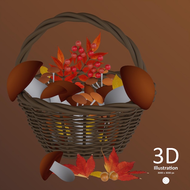 PSD psd-mand met paddenstoelen en herfstbladeren en bessen 3d-illustratie