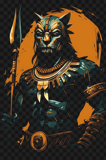 PSD psd mayan warrior with a spear and jaguar pelt fierce expression t-shirt tattoo art outline ink (wojownik majów z włócznią i skórą jaguara)