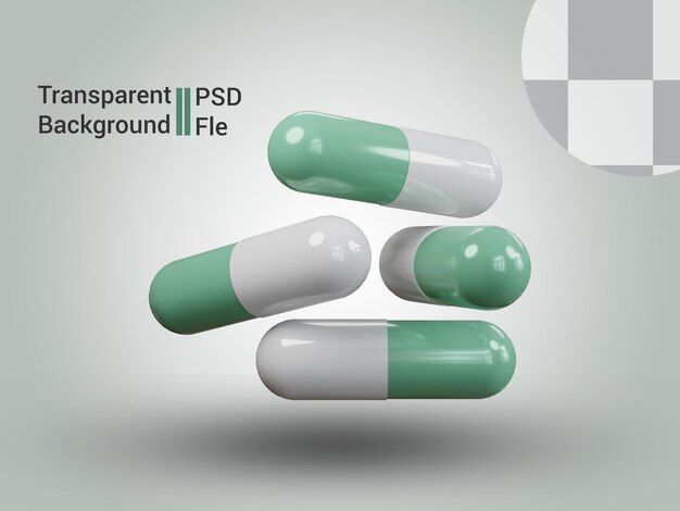 Psd medicine pills capsule stack 3d rendered with transparent background graphics elements