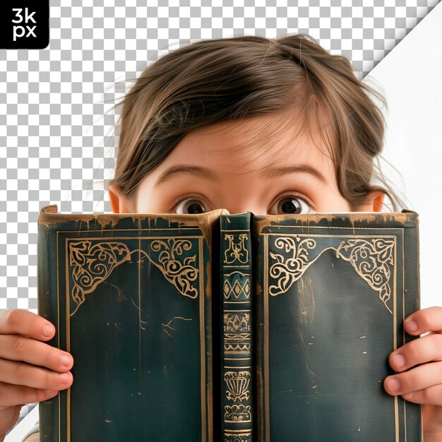 PSD psd meisje kijkt door een boek geïsoleerd op een doorzichtige achtergrond