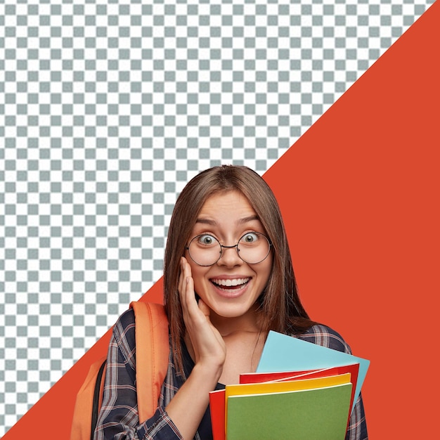 psd meisje met een bril en een rode doorzichtige achtergrond