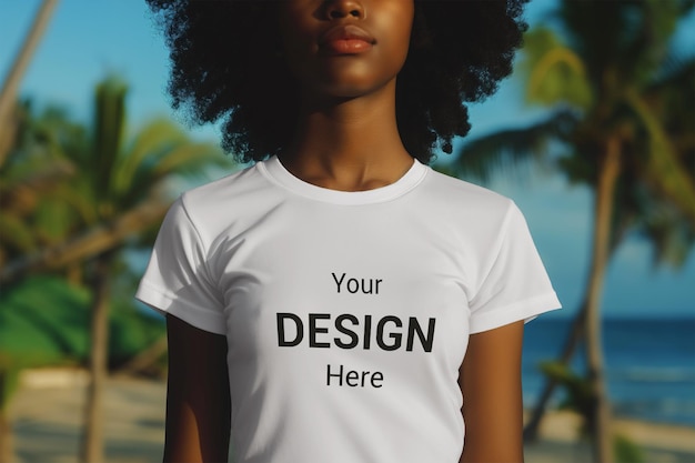PSD psd meisje t-shirt mockup met strand