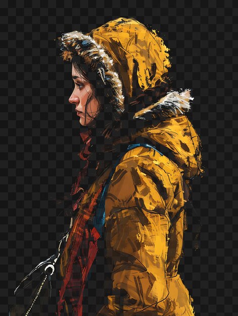 PSD psd of merchant woman portrait with a hood and fur trimmed coat hol tshirt design collage art ink