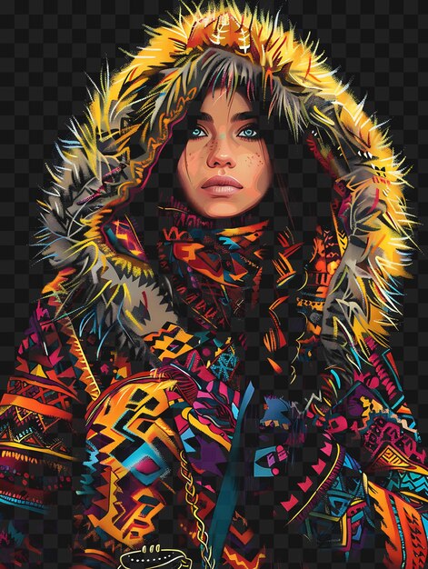 PSD psd of merchant woman portrait with a hood and fur trimmed coat hol tshirt design collage art ink