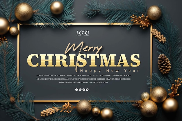 PSD Merry christmas banner template with christmas brance pine tree leaf little lamps decoration