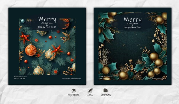 Psd merry christmas and happy new year 3d render social media post template