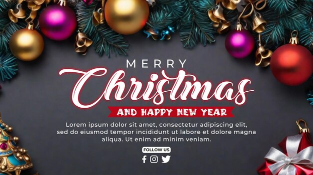 PSD psd merry christmas and happy new year banner with christmas brance gifts pine tree leaf