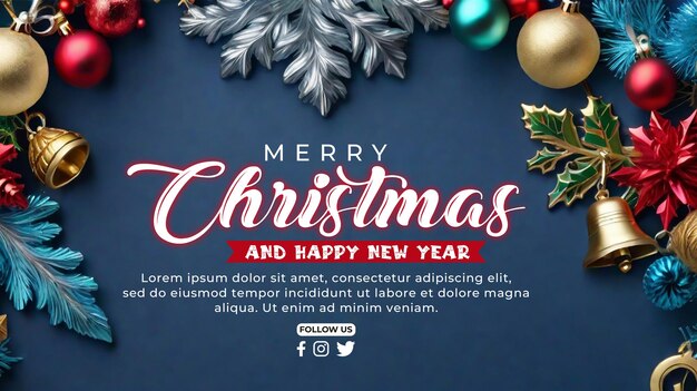 PSD psd merry christmas and happy new year banner with christmas brance gifts pine tree leaf