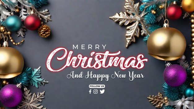 Psd merry christmas and happy new year banner with christmas brance gifts pine tree leaf