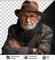 PSD psd met doorzichtig volledig portret van een oudere man met bril en hoed die met gekruiste armen poseert