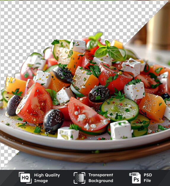 PSD psd met doorzichtige griekse salade met tomaten olijven komkommers tomaten en feta kaas op een wit bord