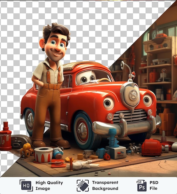 PSD psd met transparante 3d race auto mechanic cartoon werken op een vintage auto beeld