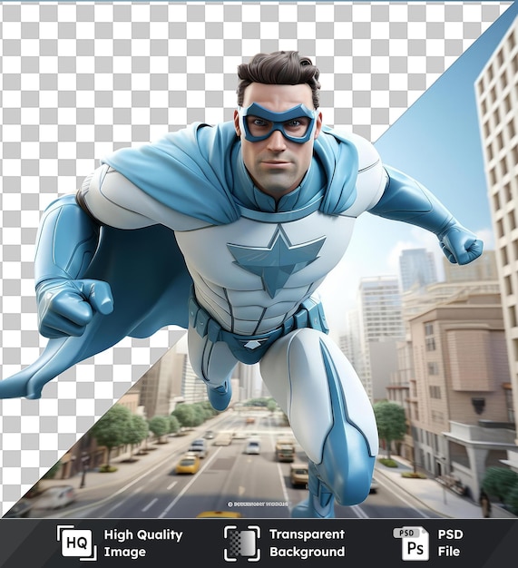 Psd met transparante 3d superheld cartoon vliegen door de stad om de dag te redden beeld
