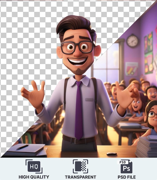 Psd met transparente 3d leraar cartoon inspireren jonge geesten in een klaslokaal