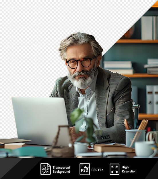 PSD psd mid aged elegant businessman working in the offie of his office surrounded by a green plant and blue wall wearing black glasses and a gray beard with a brown wooden shelf and png