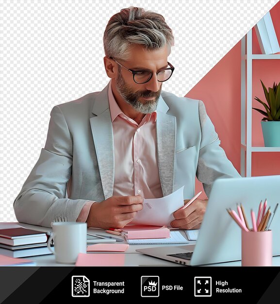 PSD psd mid aged elegant businessman working in the offie of his office surrounded by a green plant and a transparent background with a white cup he wears a pink shirt black glasses and png