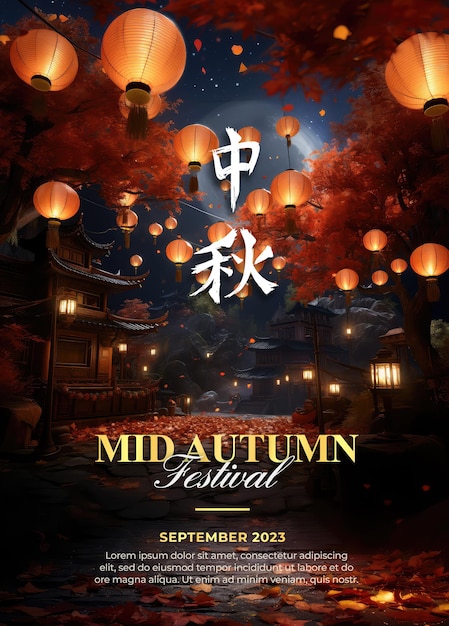 PSD psd mid autumn festival flyer banner with traditional chinese castle full moon lampion night