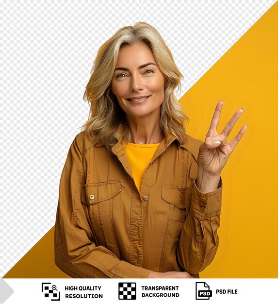 PSD psd middle age blonde woman over isolated smiling and confident gesturing with hand doing size sign with fingers while looking and the camera measure concept png