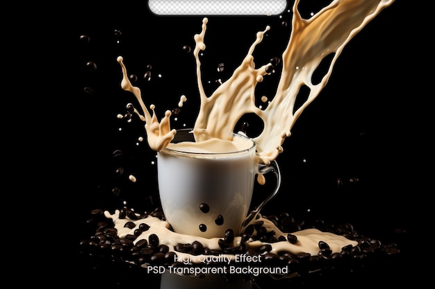 Splash di caffè al latte psd con fagioli di caffè che cadono sullo sfondo trasparente