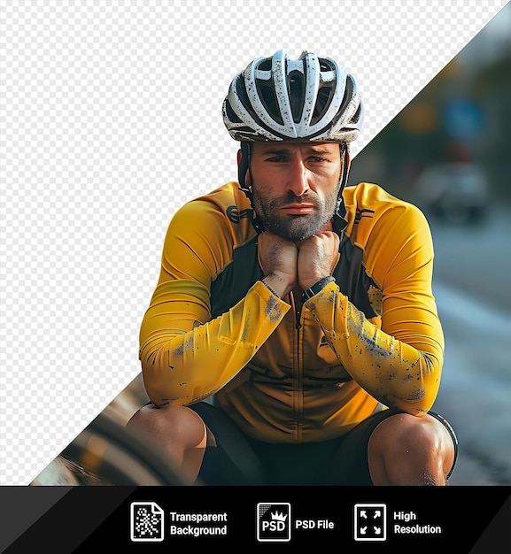 PSD psd misfortune wearing a yellow shirt and black and gray helmet sits on his bike while wearing a black and yellow shirt his hairy leg and hand are visible as well as png psd