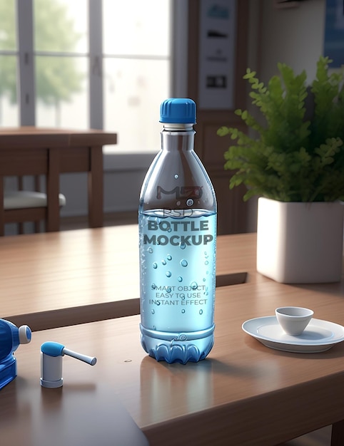 PSD psd mockup 3d style a water bottle mockup of the dining table