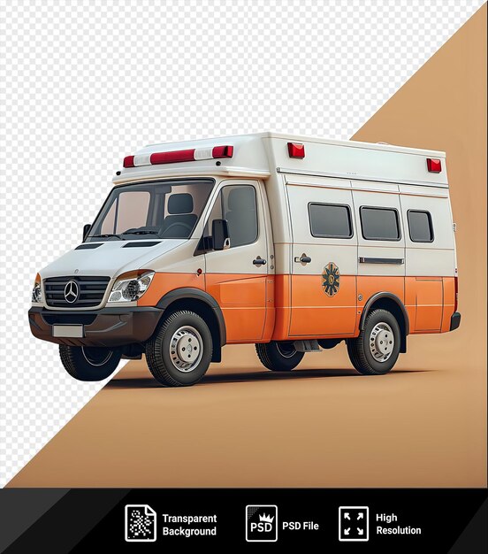 PSD psd mockup of an ambulance van with black tires white headlight and orange door parked against an orange sky with windows and a black shadow png