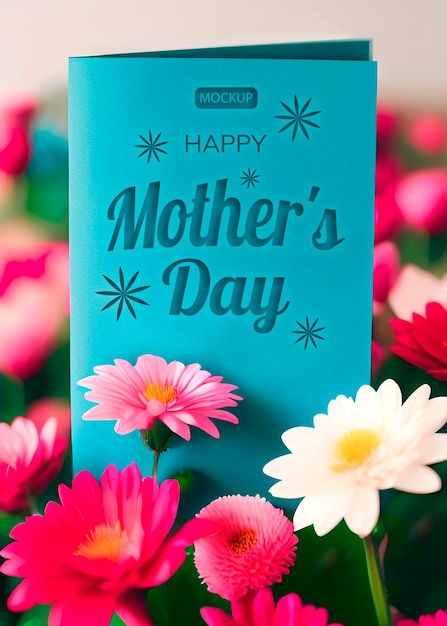 PSD mockup blue card for mother's day with paper cut effect text on blur flowers background