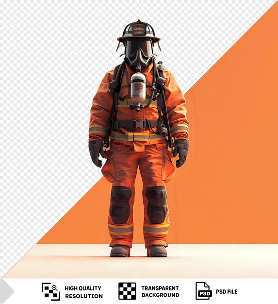 PSD psd mockup of a firefighter wearing a black helmet orange pants and black belt holding a silver and gray microphone with a black gun in the background png psd