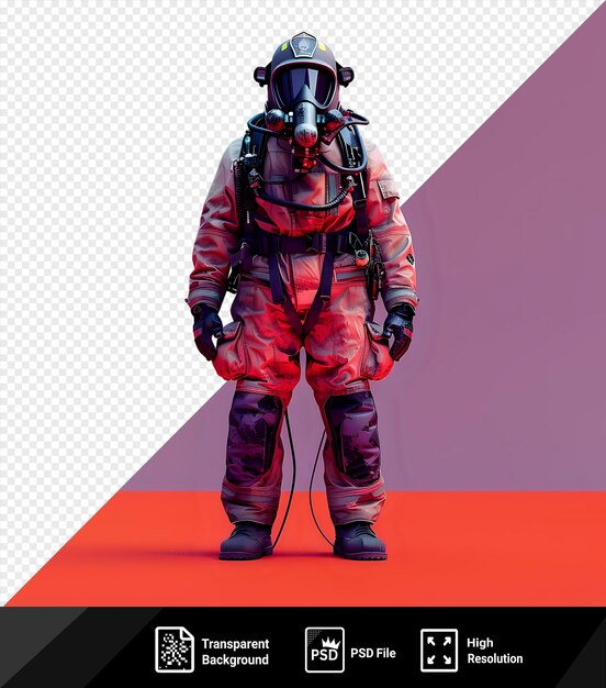 Psd mockup of a firefighters suit featuring a black helmet black boots and a black glove with a red leg visible in the foreground png psd