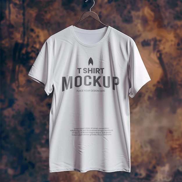 PSD psd mockup gewoon wit t-shirt hangen op hanger met abstracte stenen achtergrond