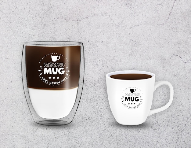 PSD mockup glass of coffee and white mug on abstract background