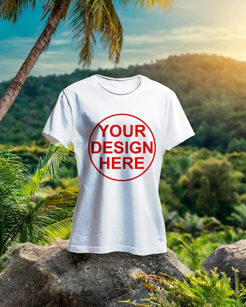 PSD MOCKUP Hoogwaardige mockup van een wit T-shirt met een natuur achtergrond