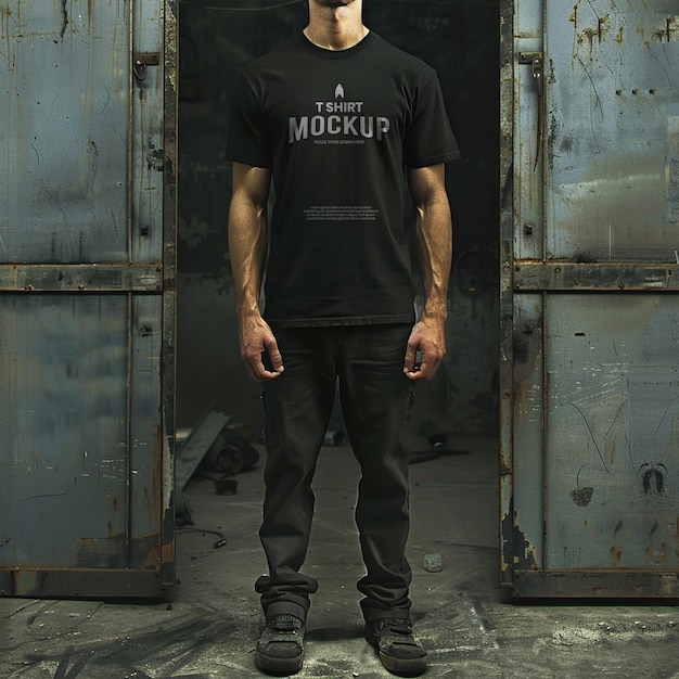 PSD psd mockup man wearing black tshirt with garage background